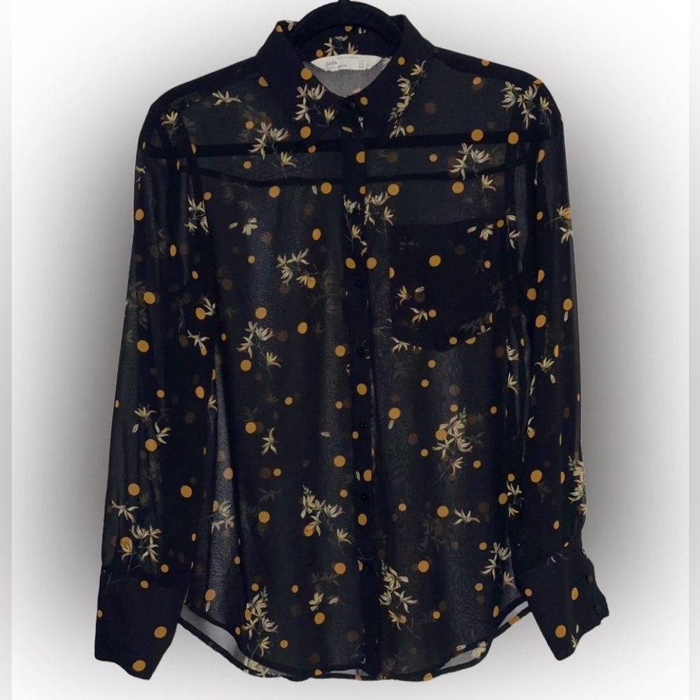 Zara Sheer Black Blouse with Mustard Polka Dots and Floral Print